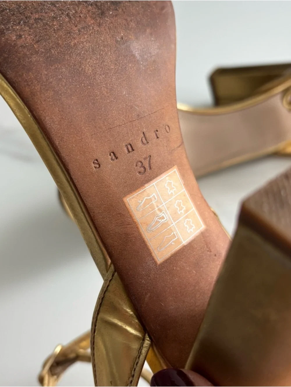 Sandro Metallic Gold Ankle-Strap Block Heel Sandals Sz 37 - Picture 7 of 9